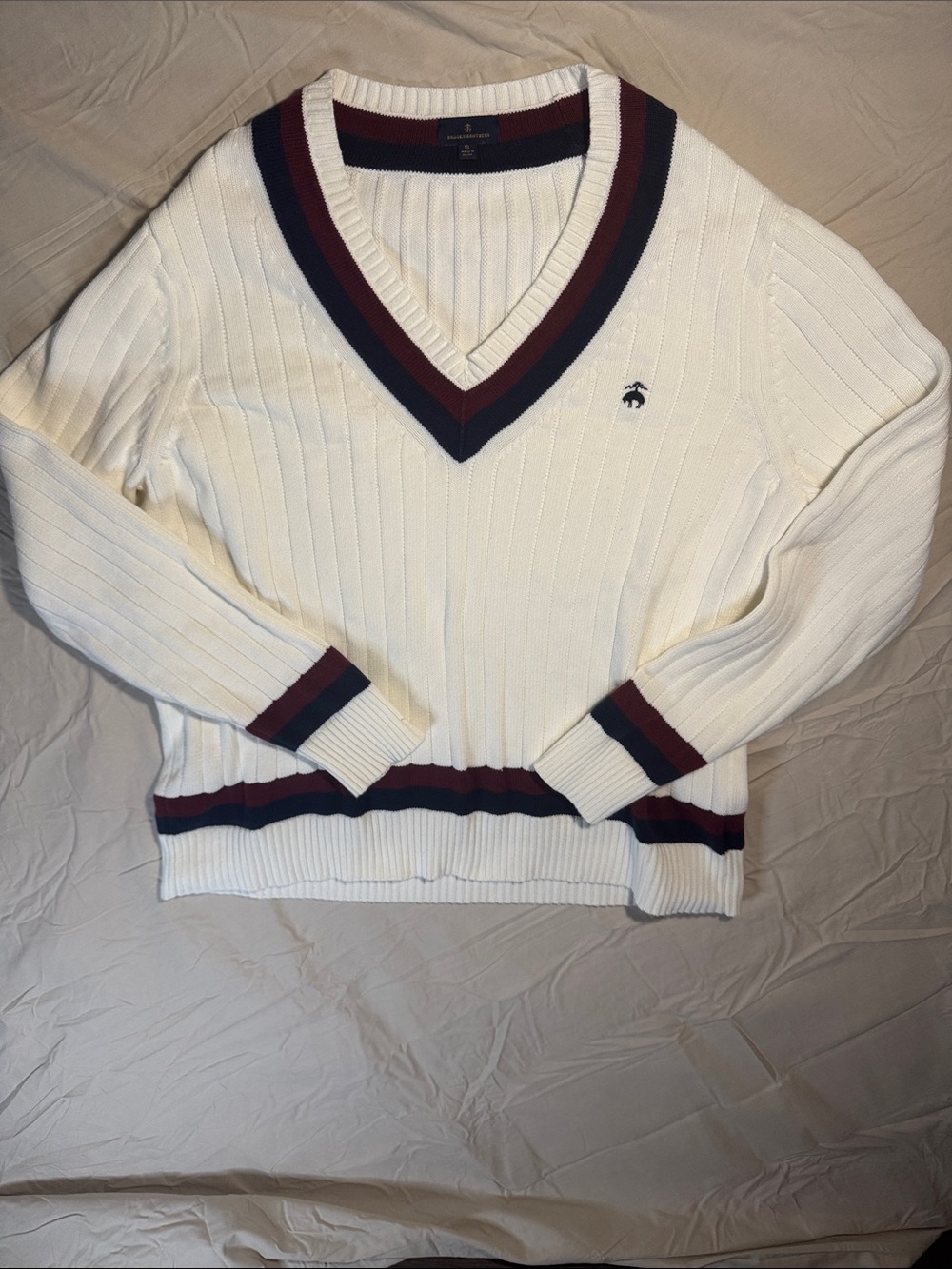 Brook’s Brothers Cream V-Neck Sweater with Burgundy & Navy Trim